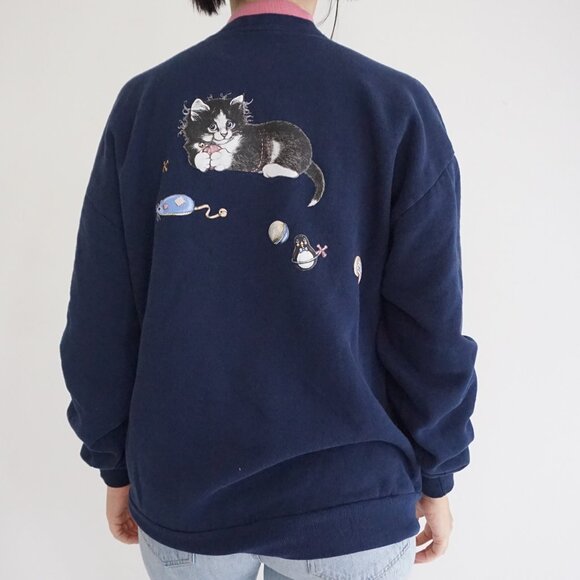 VTG Morning Sun Vintage Cat Sweatshirt Navy Blue Pink Collar 90s Grandma Cozy L - Picture 2 of 10